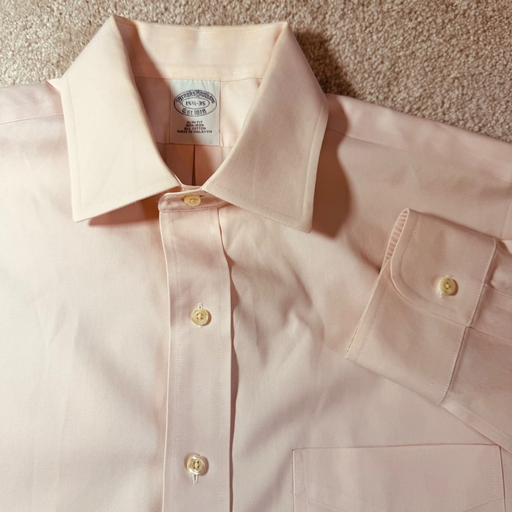 Brooks Brothers Slim Fit Non-Iron Pink Cotton Dress Shirt 15.5-35 Mens